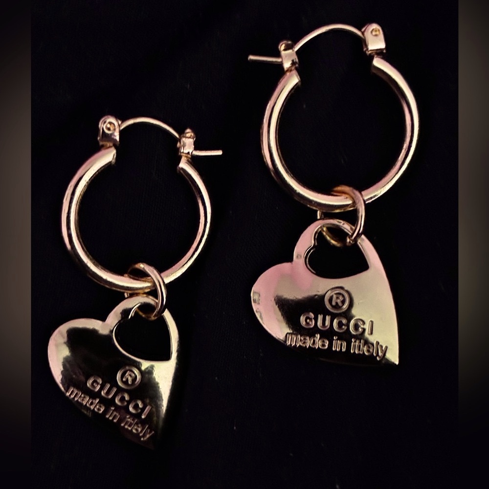 Double Sided Gucci Heart-Shaped Charm W/Gold Plated Hoop Earrings - Picture 2 of 2